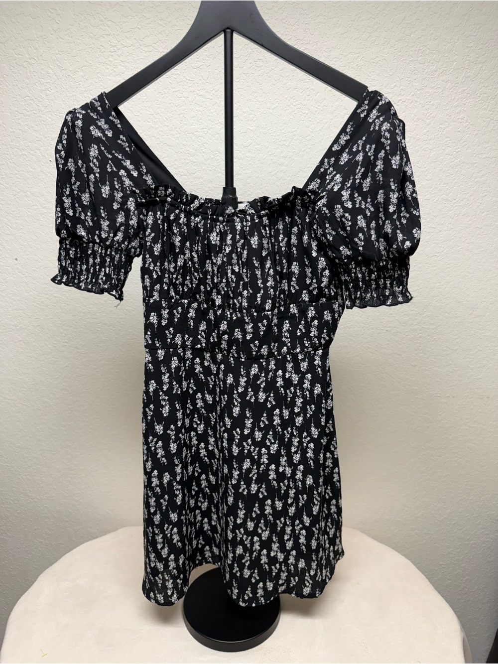 Black Floral Puff-Sleeve Square-Neck Dress